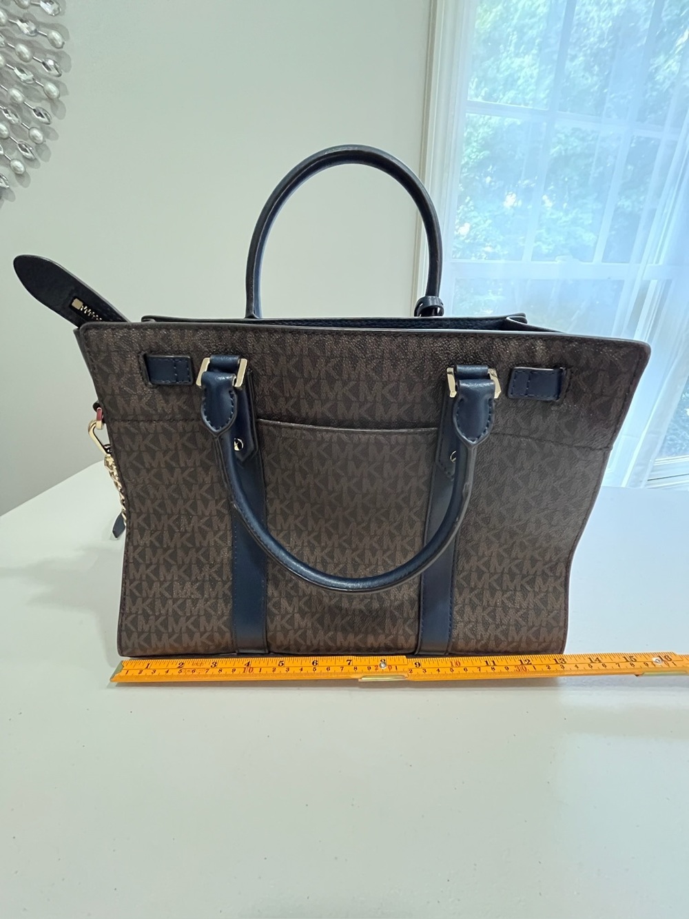 Michael Kors Hamilton Traveler Brown Navy Stripe Logo Leather Large Satchel - Picture 6 of 10